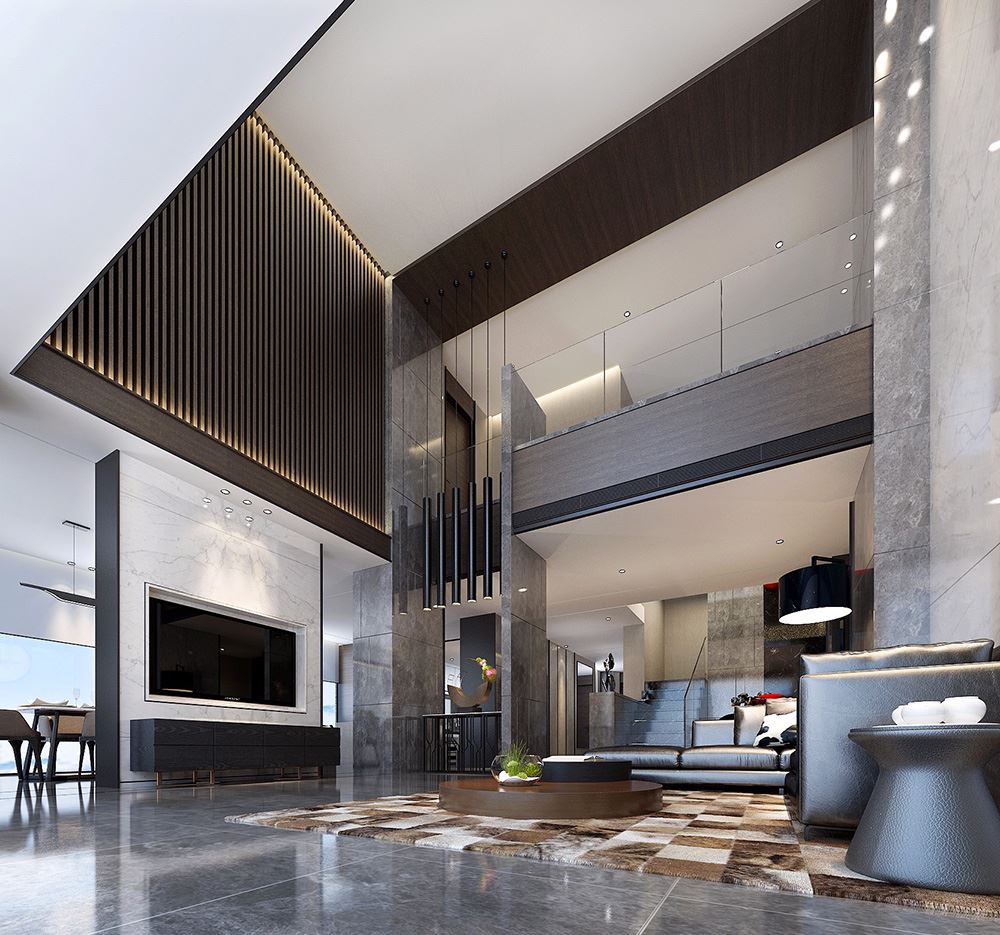 黑白灰现代简约风格室内装修效果图-临沧天湖郦都别墅420平米
